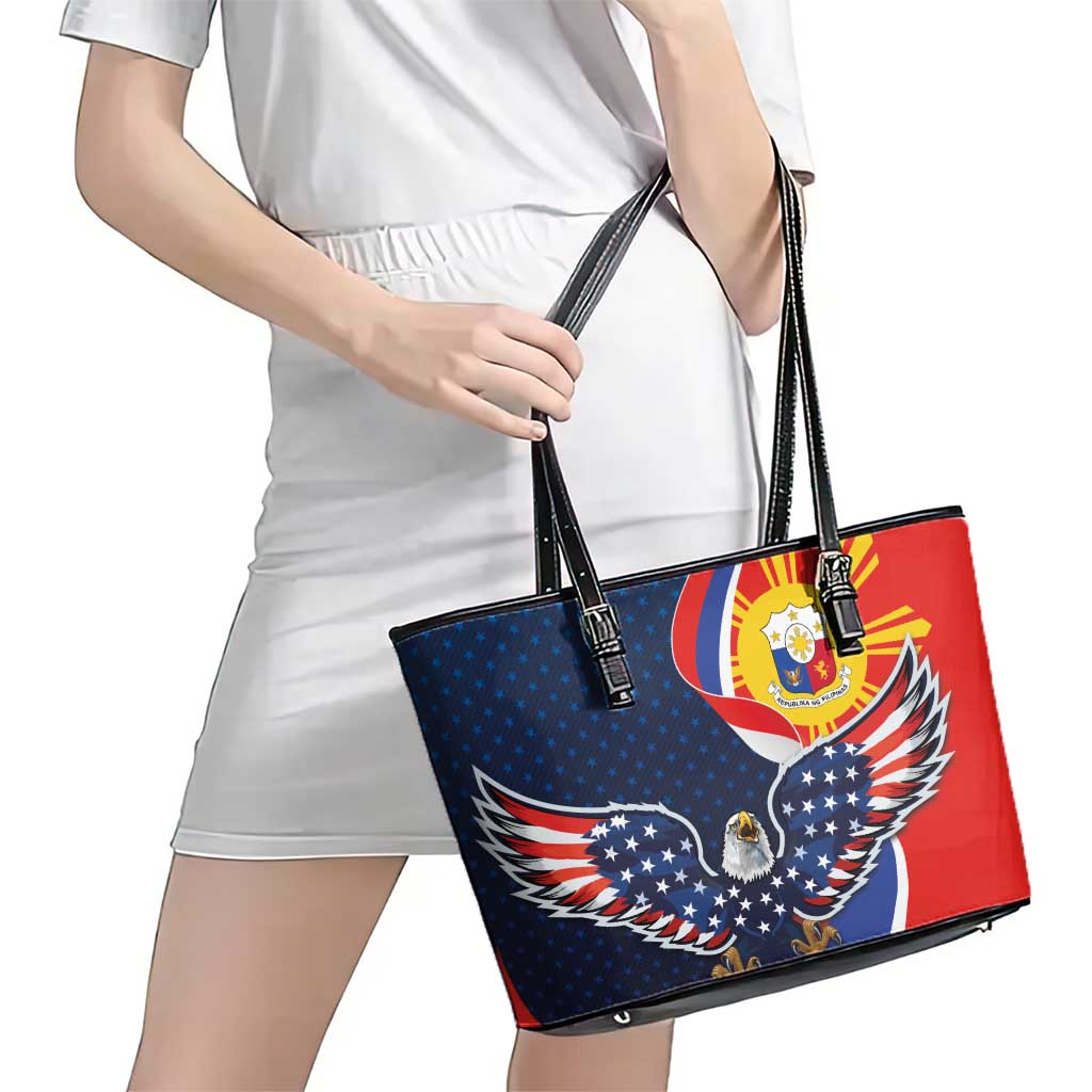 Filipino American History Month Leather Tote Bag USA Eagle and Philippines Sun Symbol with National Flag LT03