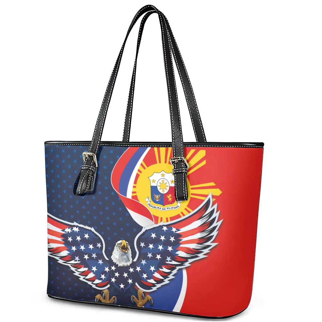 Filipino American History Month Leather Tote Bag USA Eagle and Philippines Sun Symbol with National Flag LT03