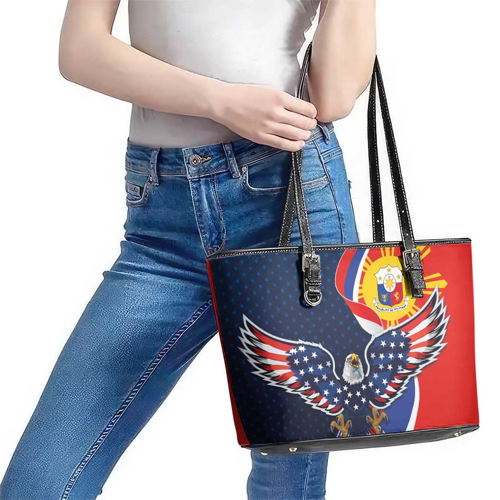 Filipino American History Month Leather Tote Bag USA Eagle and Philippines Sun Symbol with National Flag LT03