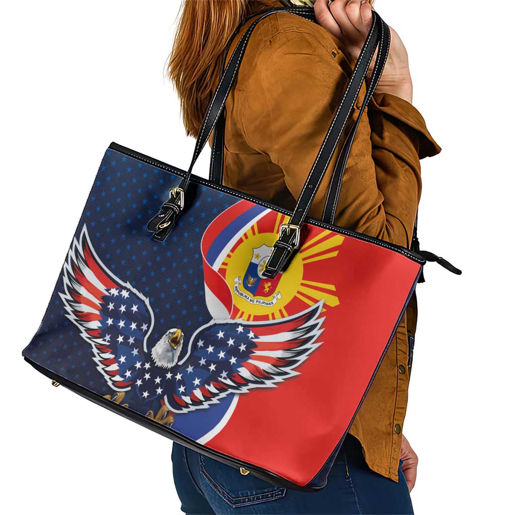 Filipino American History Month Leather Tote Bag USA Eagle and Philippines Sun Symbol with National Flag LT03
