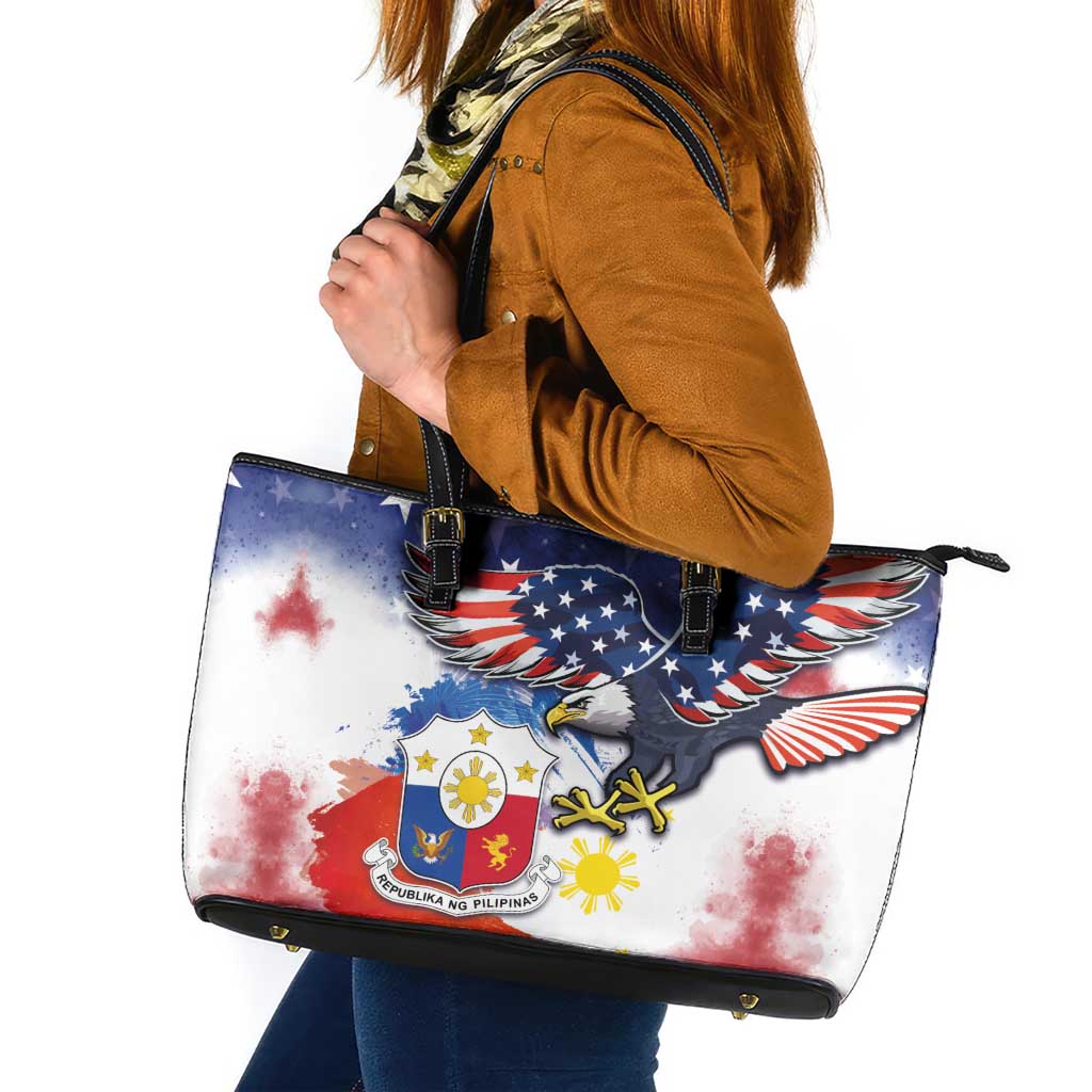 Filipino American History Month Leather Tote Bag USA Eagle and Philippines Coat of Arms Symbol with National Flag LT03
