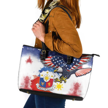 Filipino American History Month Leather Tote Bag USA Eagle and Philippines Coat of Arms Symbol with National Flag LT03