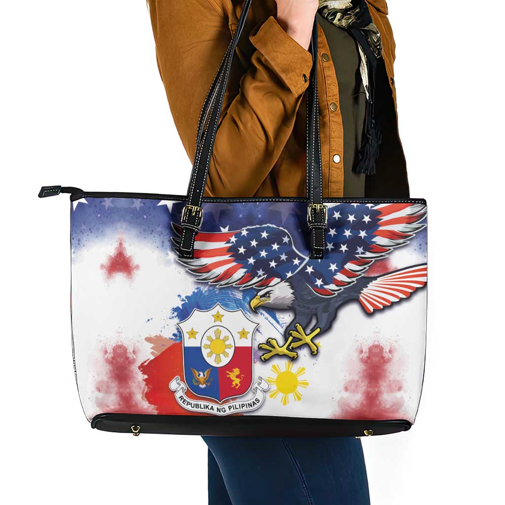Filipino American History Month Leather Tote Bag USA Eagle and Philippines Coat of Arms Symbol with National Flag LT03