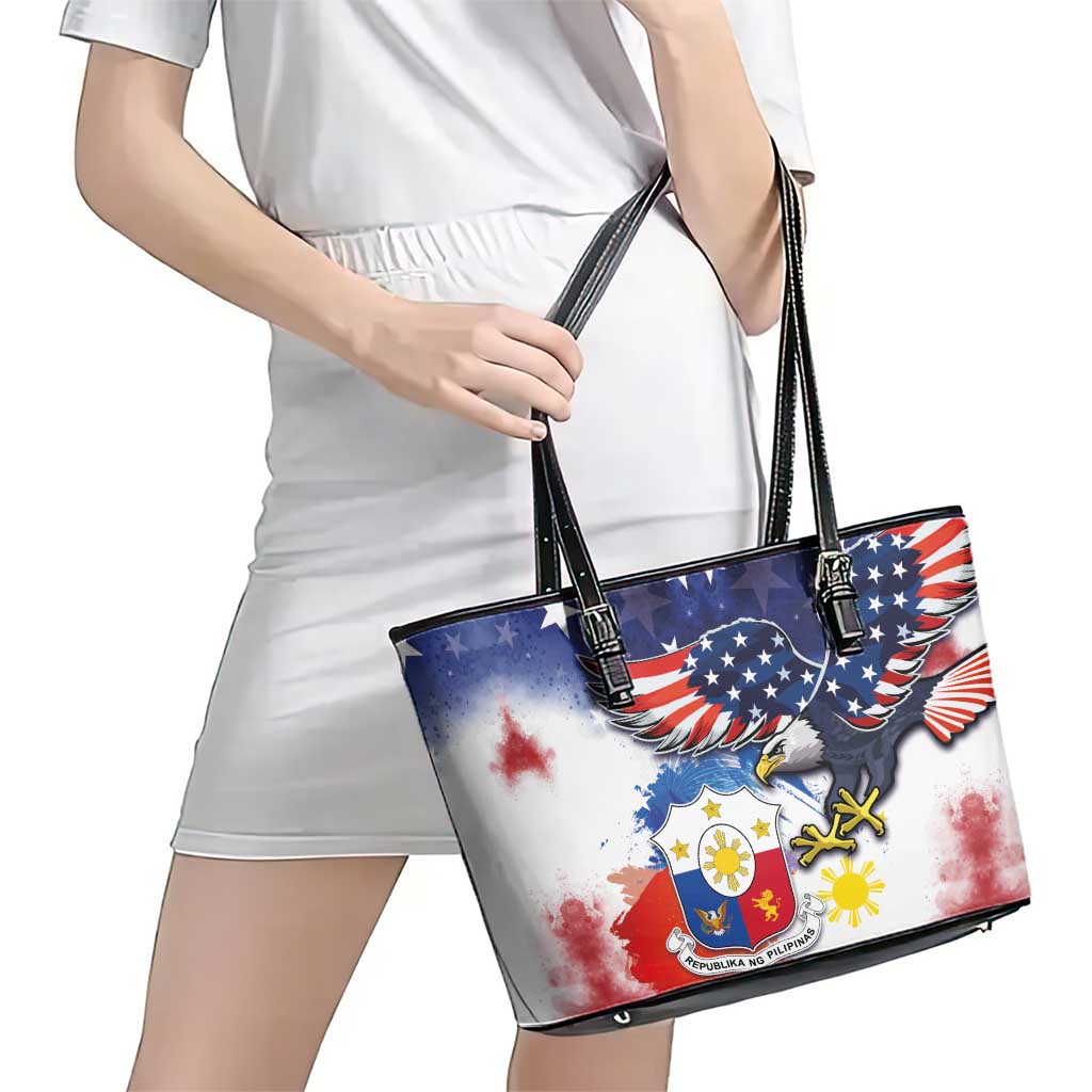 Filipino American History Month Leather Tote Bag USA Eagle and Philippines Coat of Arms Symbol with National Flag LT03