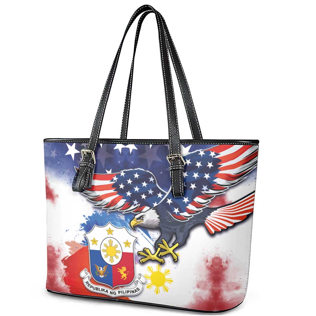 Filipino American History Month Leather Tote Bag USA Eagle and Philippines Coat of Arms Symbol with National Flag LT03