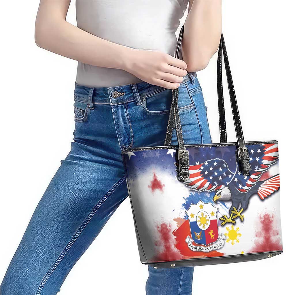 Filipino American History Month Leather Tote Bag USA Eagle and Philippines Coat of Arms Symbol with National Flag LT03