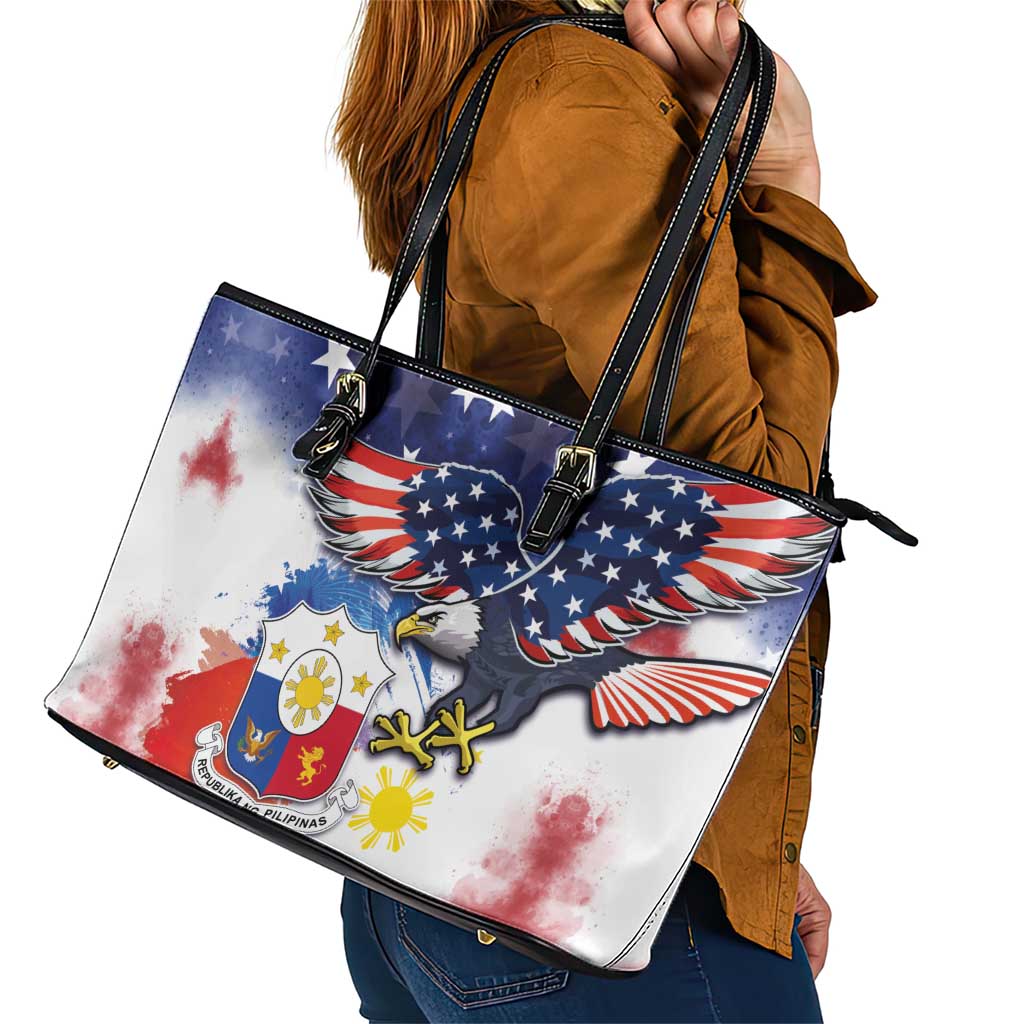 Filipino American History Month Leather Tote Bag USA Eagle and Philippines Coat of Arms Symbol with National Flag LT03