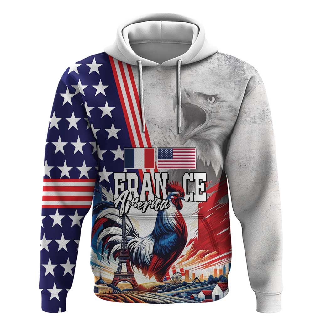 French-American Heritage Month Hoodie National Flags Style with Rooster and Bald Eagle LT03
