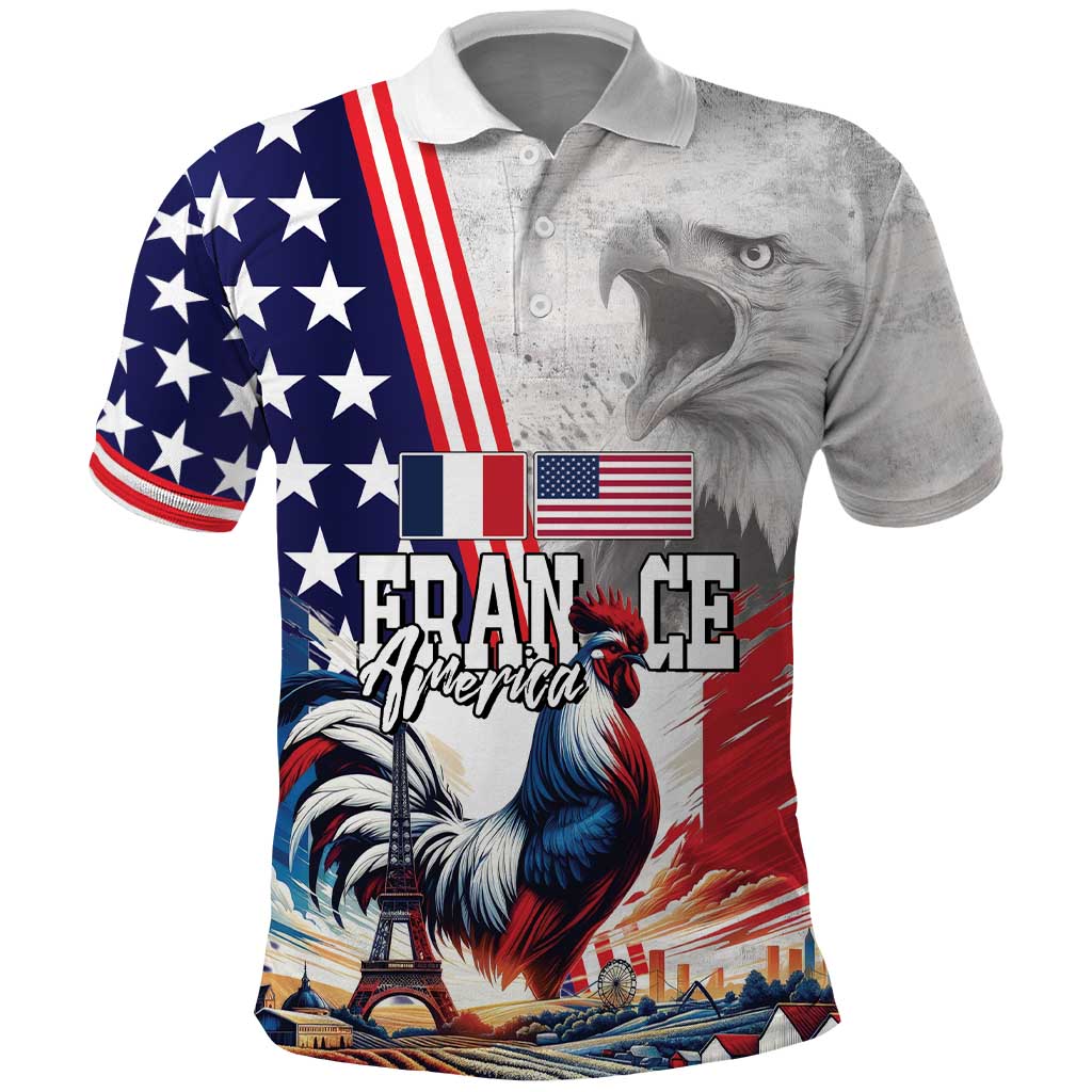 French-American Heritage Month Polo Shirt National Flags Style with Rooster and Bald Eagle LT03