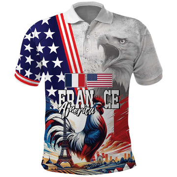 French-American Heritage Month Polo Shirt National Flags Style with Rooster and Bald Eagle LT03