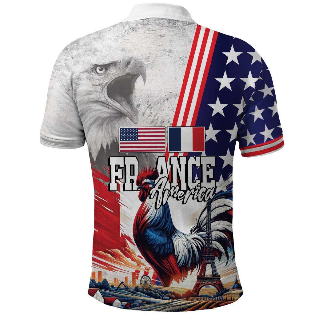 French-American Heritage Month Polo Shirt National Flags Style with Rooster and Bald Eagle LT03
