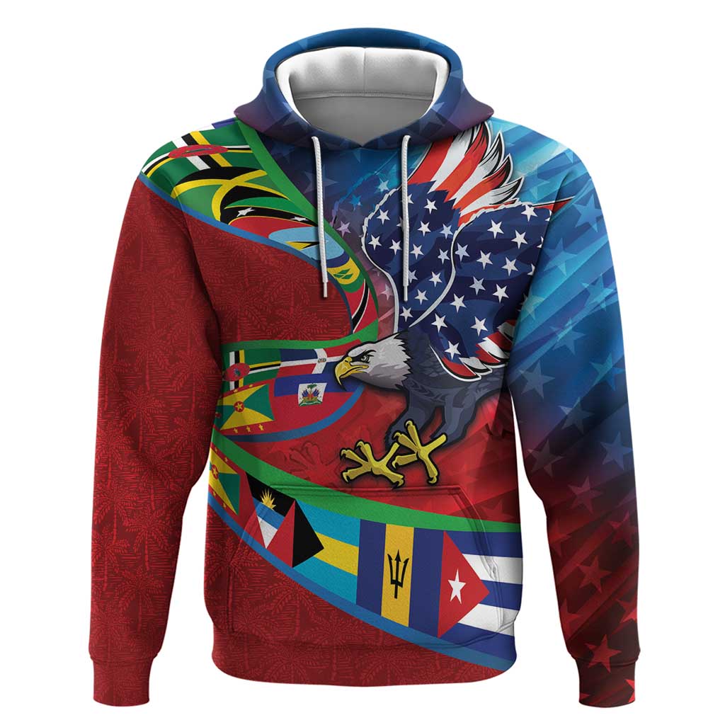 Caribbean-American Heritage Month Hoodie National Flags Ribbon Wave Style with US Flag Eagle LT03