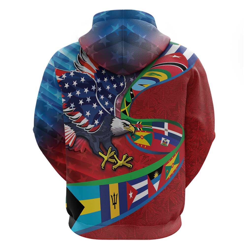 Caribbean-American Heritage Month Hoodie National Flags Ribbon Wave Style with US Flag Eagle LT03