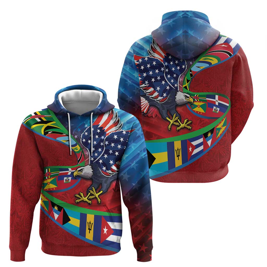 Caribbean-American Heritage Month Hoodie National Flags Ribbon Wave Style with US Flag Eagle LT03