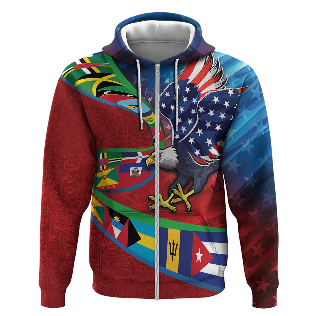 Caribbean-American Heritage Month Hoodie National Flags Ribbon Wave Style with US Flag Eagle LT03