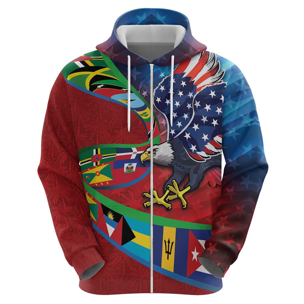 Caribbean-American Heritage Month Hoodie National Flags Ribbon Wave Style with US Flag Eagle LT03