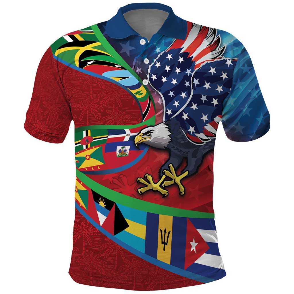 Caribbean-American Heritage Month Polo Shirt National Flags Ribbon Wave Style with US Flag Eagle LT03
