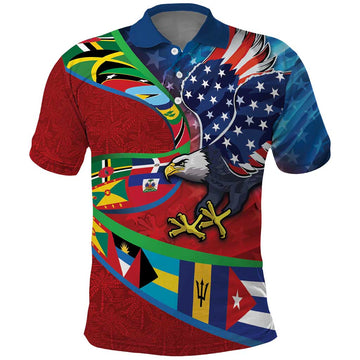 Caribbean-American Heritage Month Polo Shirt National Flags Ribbon Wave Style with US Flag Eagle LT03