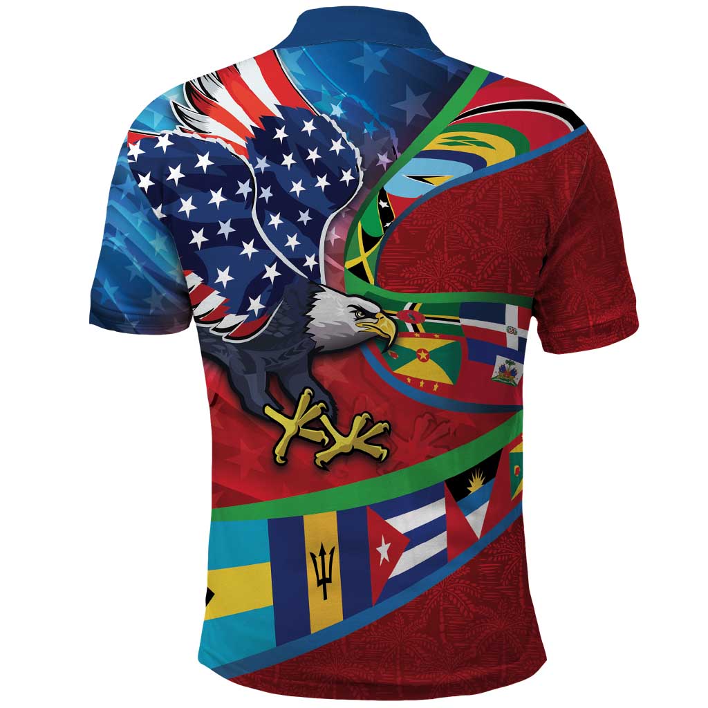 Caribbean-American Heritage Month Polo Shirt National Flags Ribbon Wave Style with US Flag Eagle LT03