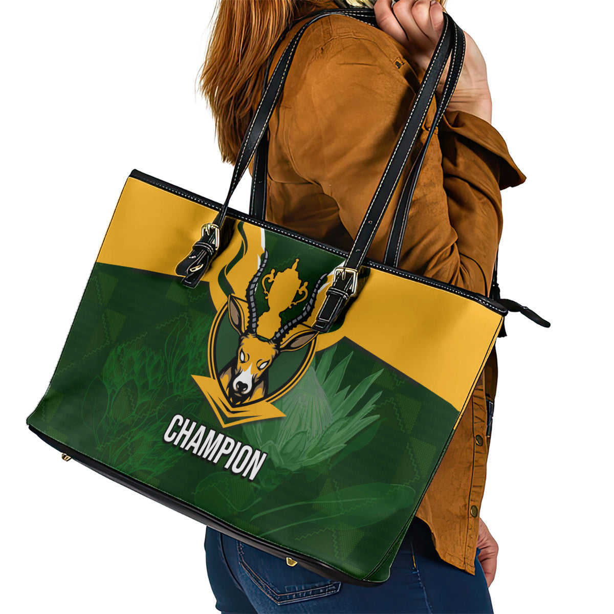 South Africa Rugby Leather Tote Bag Springbok Mascot History Champion World Rugby 2023 LT03