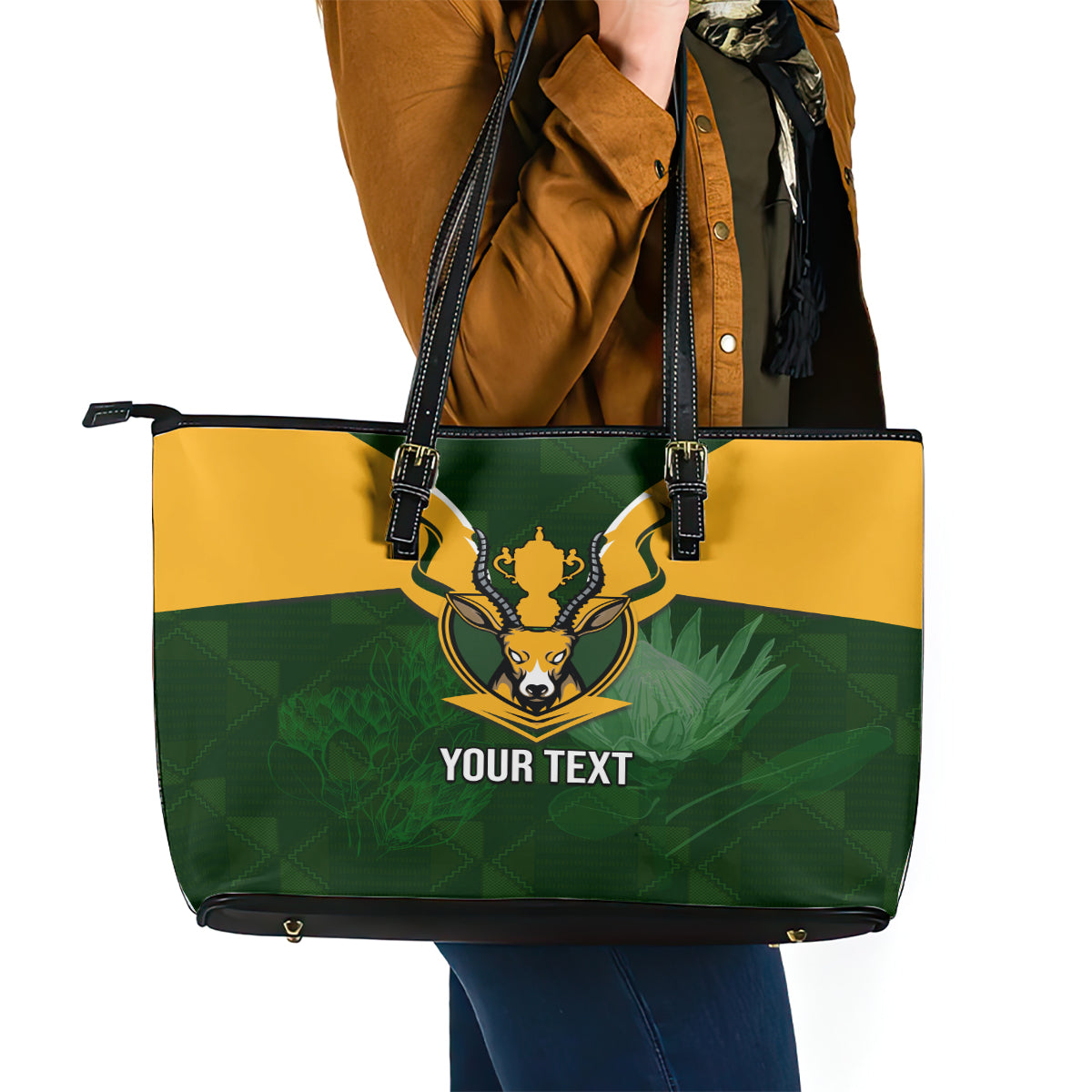 Personalised South Africa Rugby Leather Tote Bag Springbok Mascot History Champion World Rugby 2023 LT03