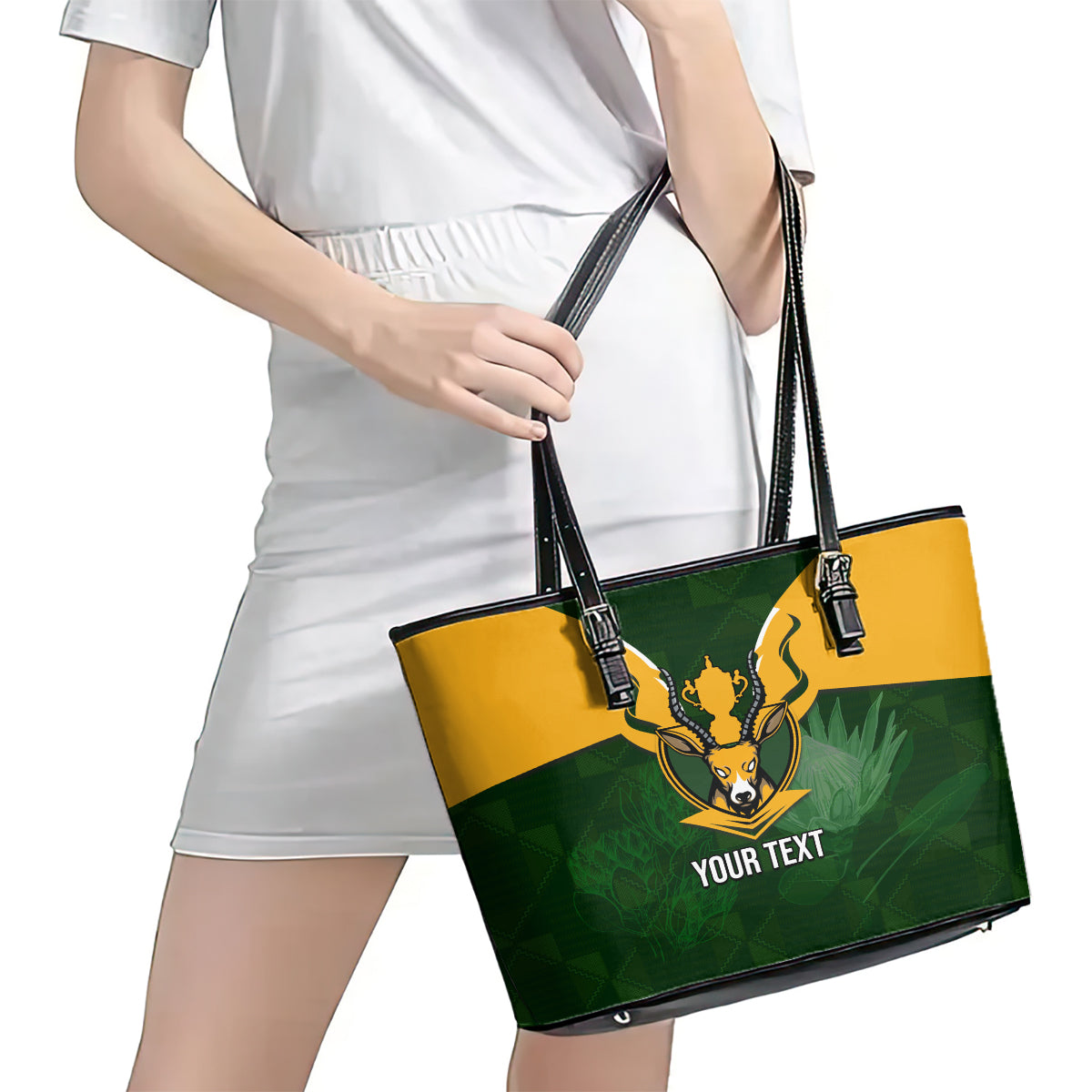 Personalised South Africa Rugby Leather Tote Bag Springbok Mascot History Champion World Rugby 2023 LT03