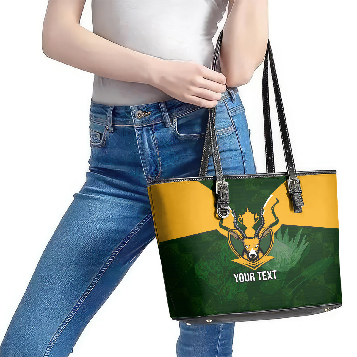 Personalised South Africa Rugby Leather Tote Bag Springbok Mascot History Champion World Rugby 2023 LT03