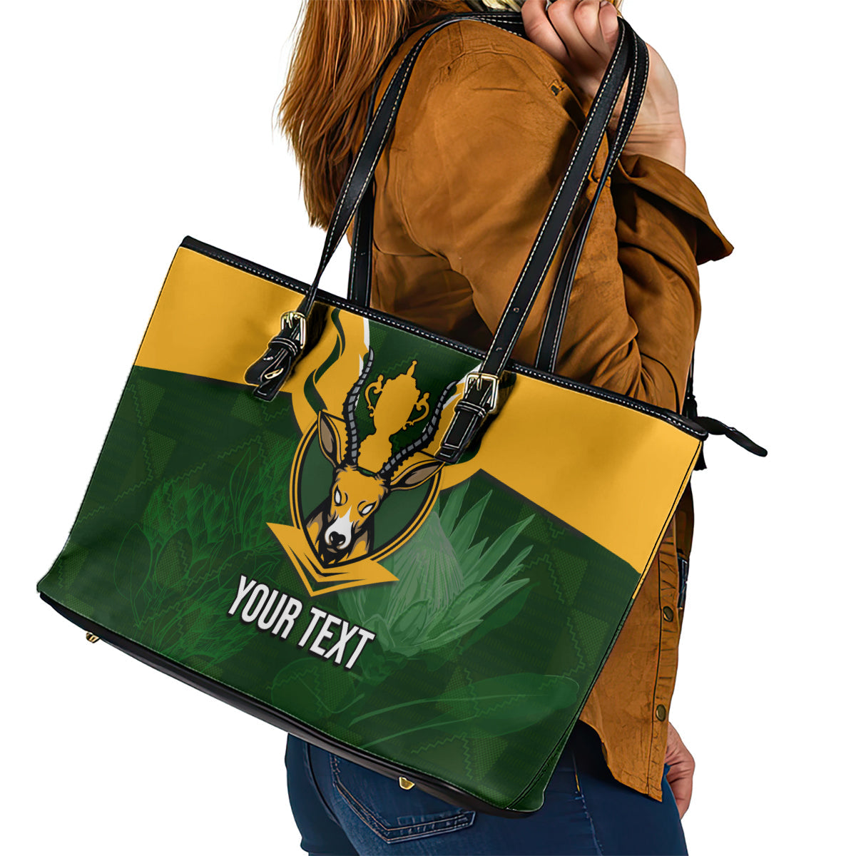 Personalised South Africa Rugby Leather Tote Bag Springbok Mascot History Champion World Rugby 2023 LT03