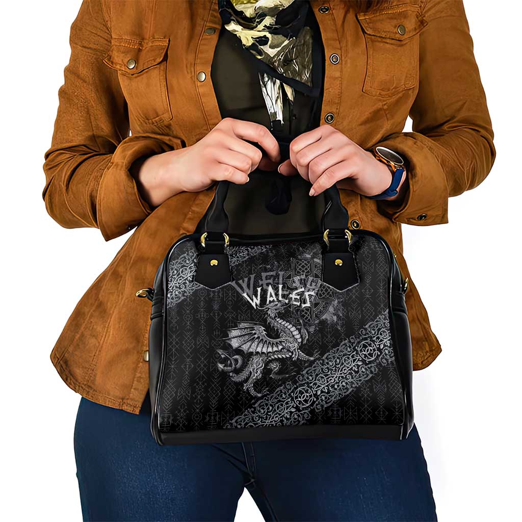 Welsh Celtic Culture Shoulder Handbag Wales Y Ddraig Goch with Runes Symbols LT03