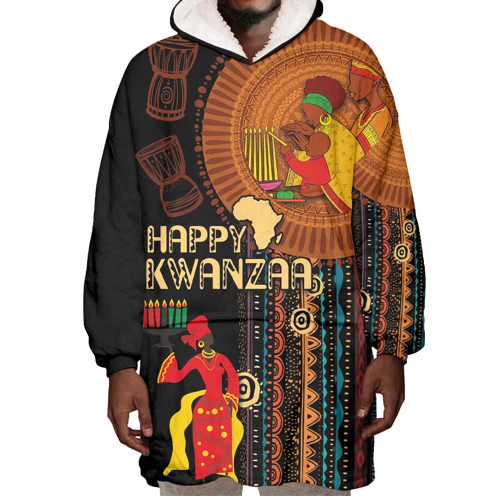 Happy Kwanzaa African Wearable Blanket Hoodie - Tribal Pattern LT03