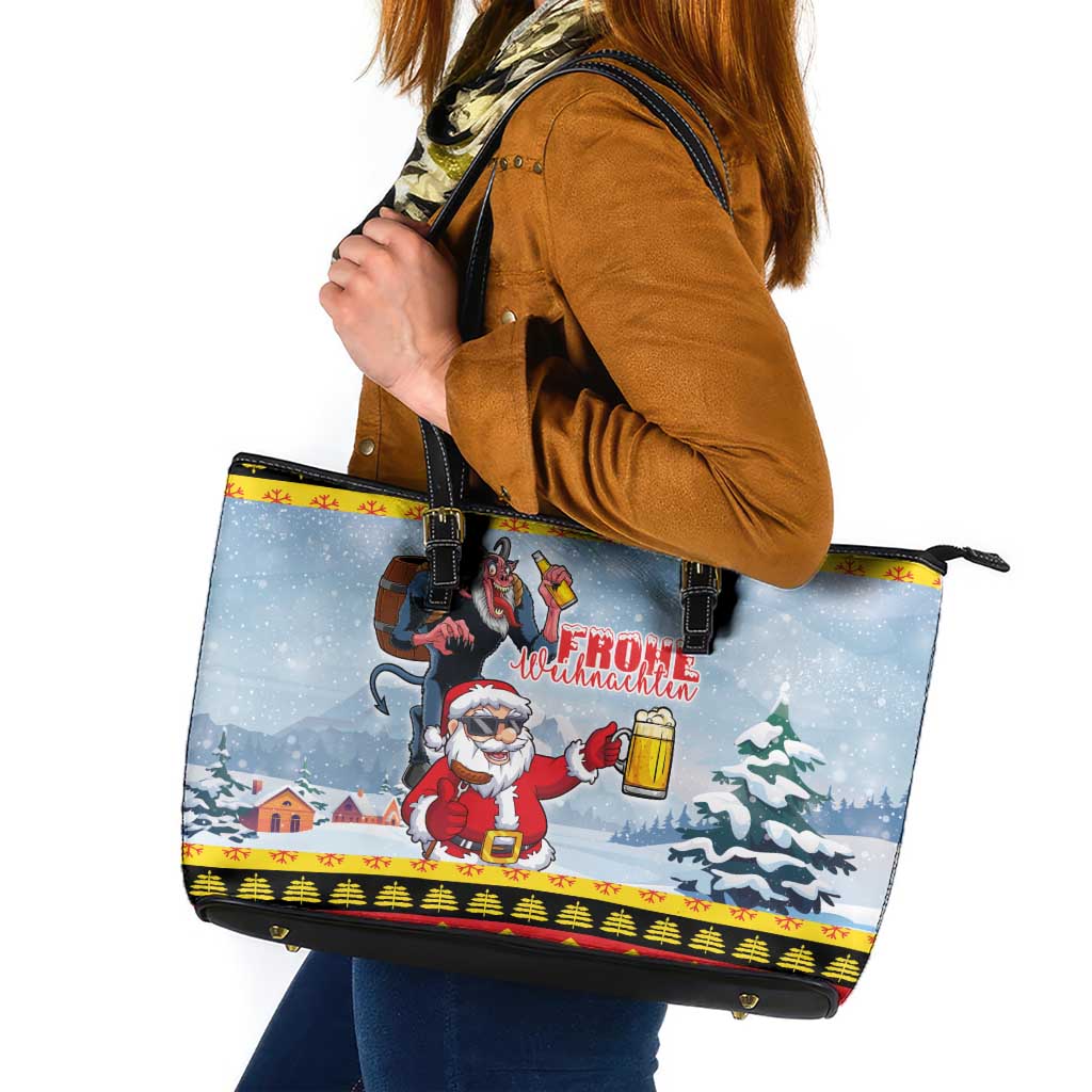 Deutschland Frohe Weihnachten Leather Tote Bag Funny Der Weihnachtsmann and Krampus Drink Beer Together LT03