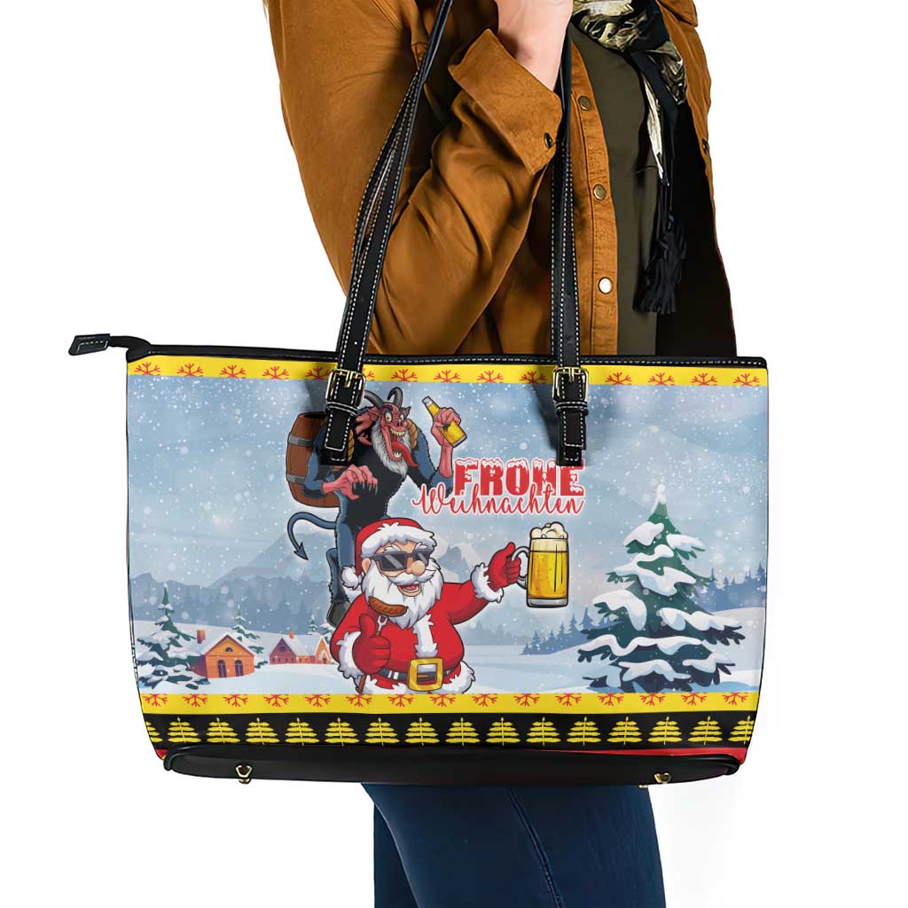Deutschland Frohe Weihnachten Leather Tote Bag Funny Der Weihnachtsmann and Krampus Drink Beer Together LT03