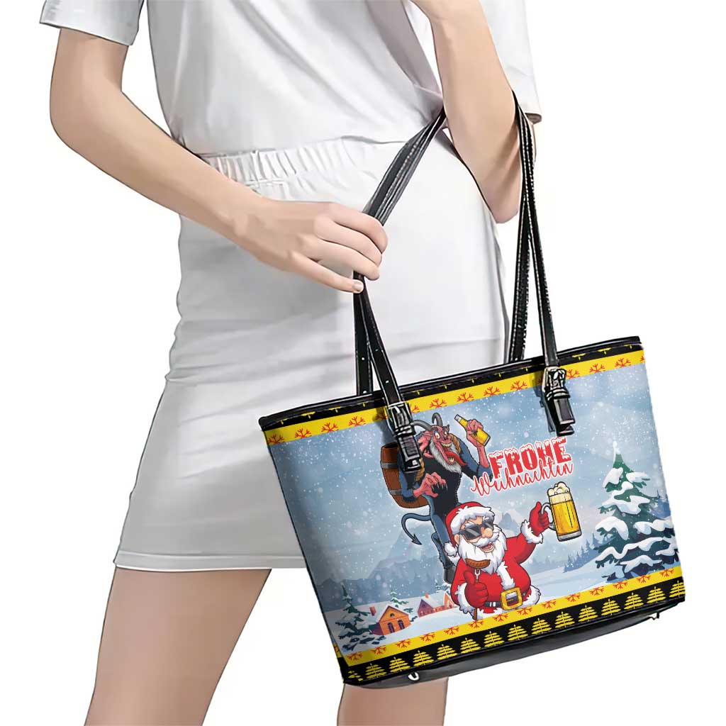 Deutschland Frohe Weihnachten Leather Tote Bag Funny Der Weihnachtsmann and Krampus Drink Beer Together LT03