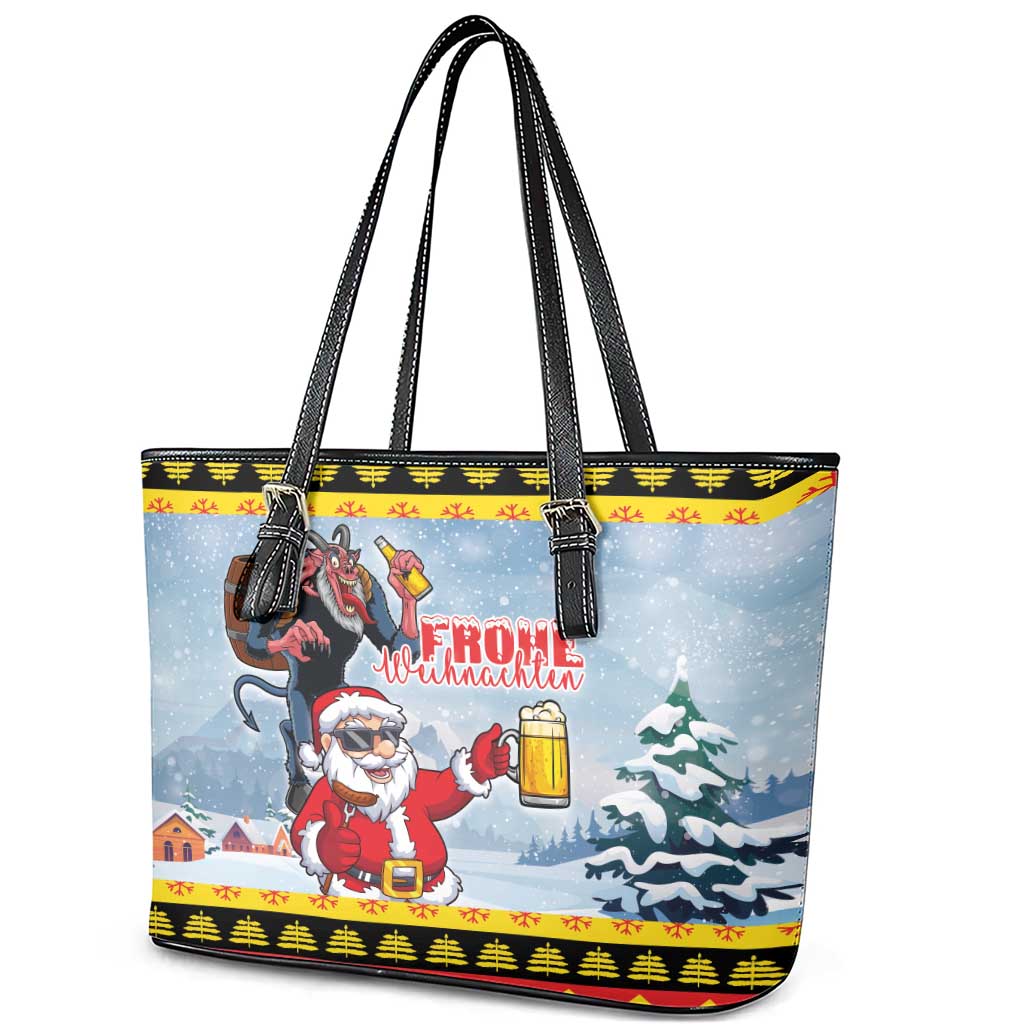 Deutschland Frohe Weihnachten Leather Tote Bag Funny Der Weihnachtsmann and Krampus Drink Beer Together LT03