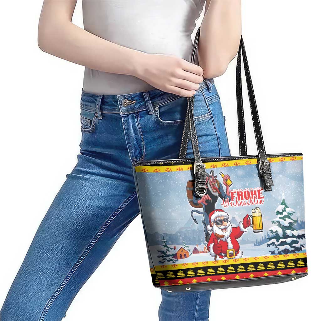 Deutschland Frohe Weihnachten Leather Tote Bag Funny Der Weihnachtsmann and Krampus Drink Beer Together LT03