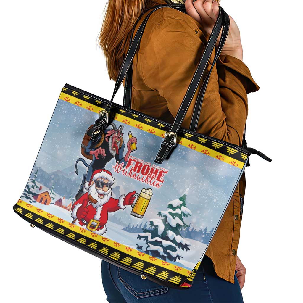Deutschland Frohe Weihnachten Leather Tote Bag Funny Der Weihnachtsmann and Krampus Drink Beer Together LT03