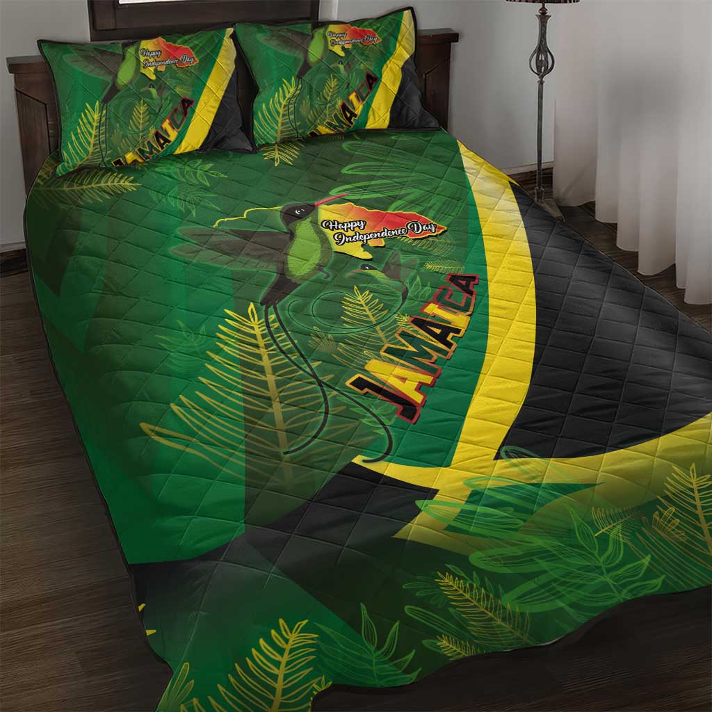 Afro Jamaica Independence Day Quilt Bed Set Swallow-tail Hummingbird with Tropical Plants LT03