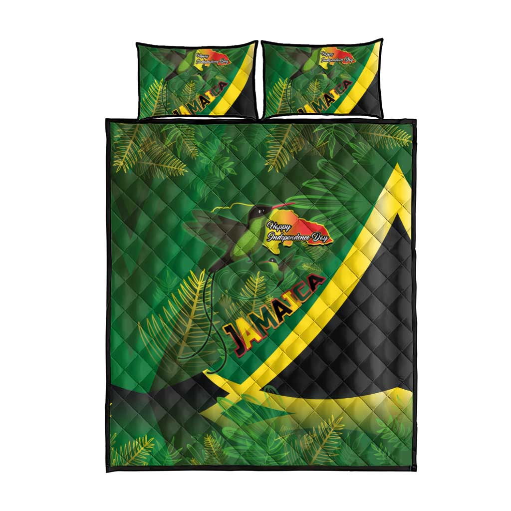 Afro Jamaica Independence Day Quilt Bed Set Swallow-tail Hummingbird with Tropical Plants LT03