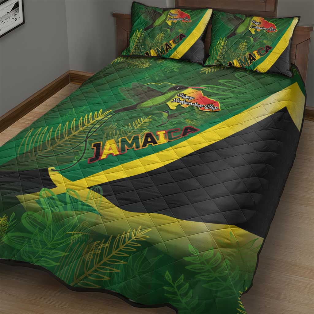 Afro Jamaica Independence Day Quilt Bed Set Swallow-tail Hummingbird with Tropical Plants LT03