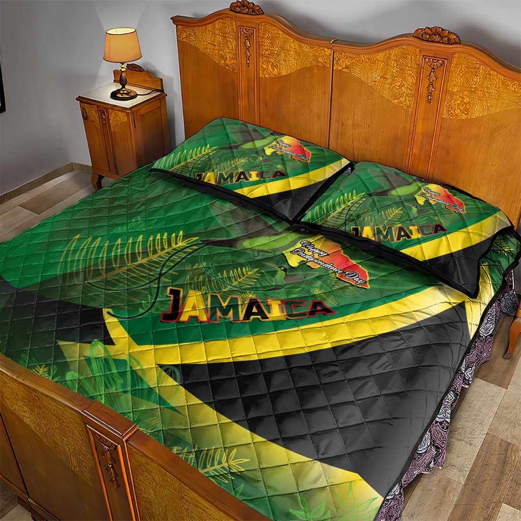 Afro Jamaica Independence Day Quilt Bed Set Swallow-tail Hummingbird with Tropical Plants LT03