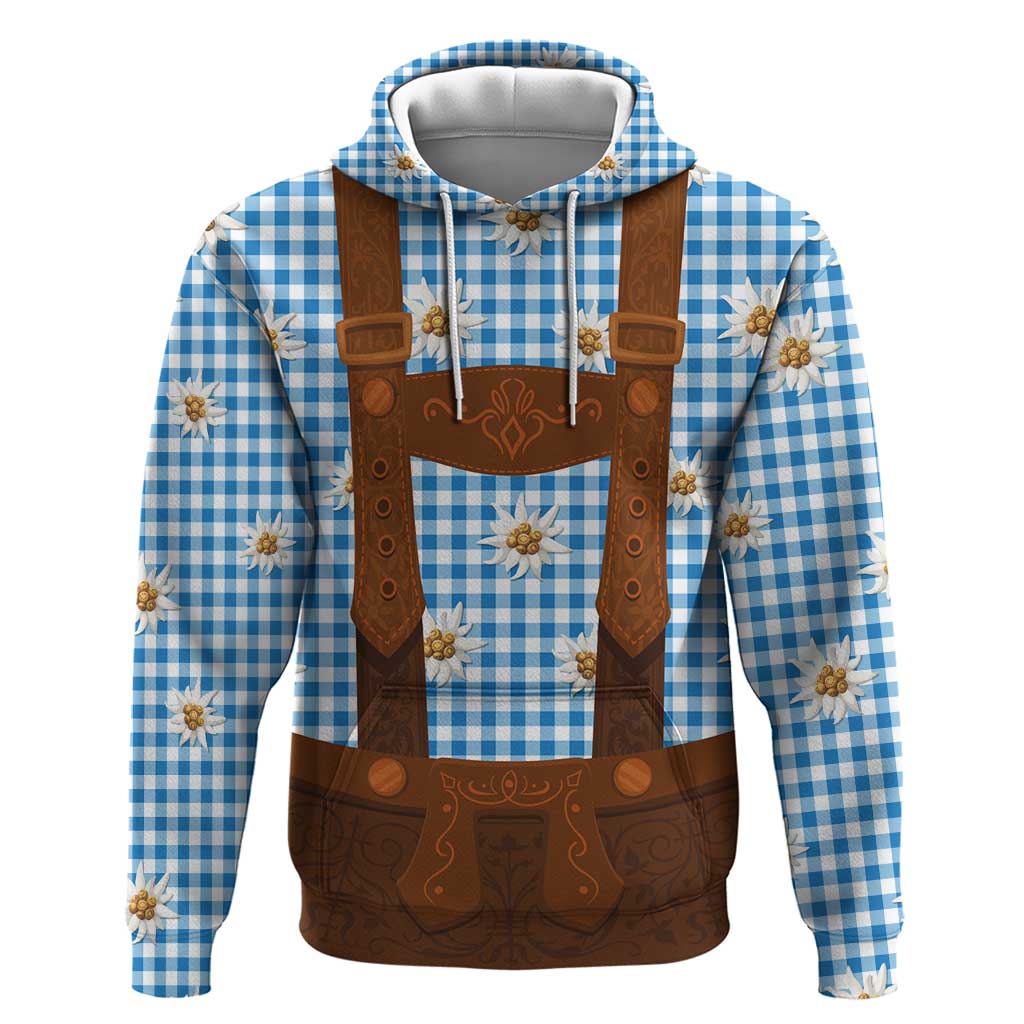 Traditional German Costume - Lederhosen Hoodie Blue Plaid Pattern with Edelweiss Flowers LT03