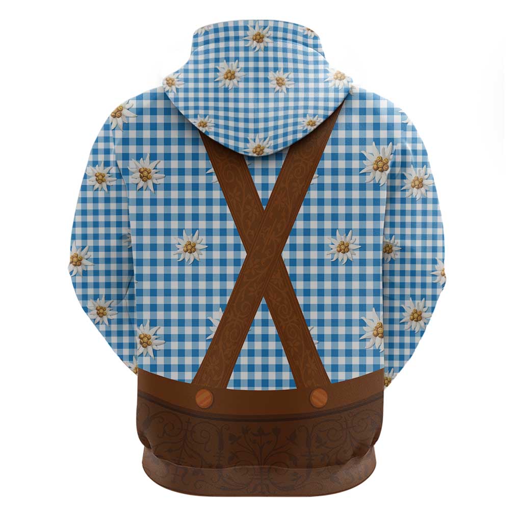 Traditional German Costume - Lederhosen Hoodie Blue Plaid Pattern with Edelweiss Flowers LT03
