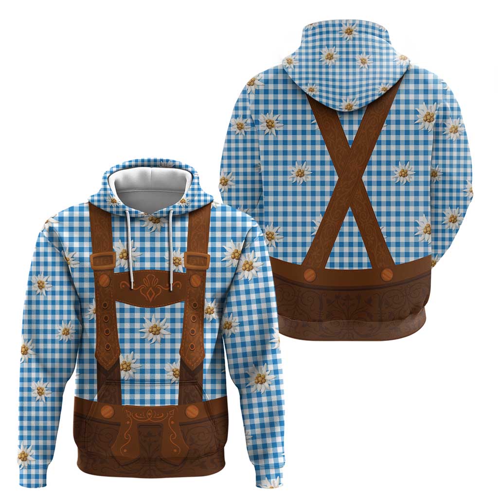 Traditional German Costume - Lederhosen Hoodie Blue Plaid Pattern with Edelweiss Flowers LT03
