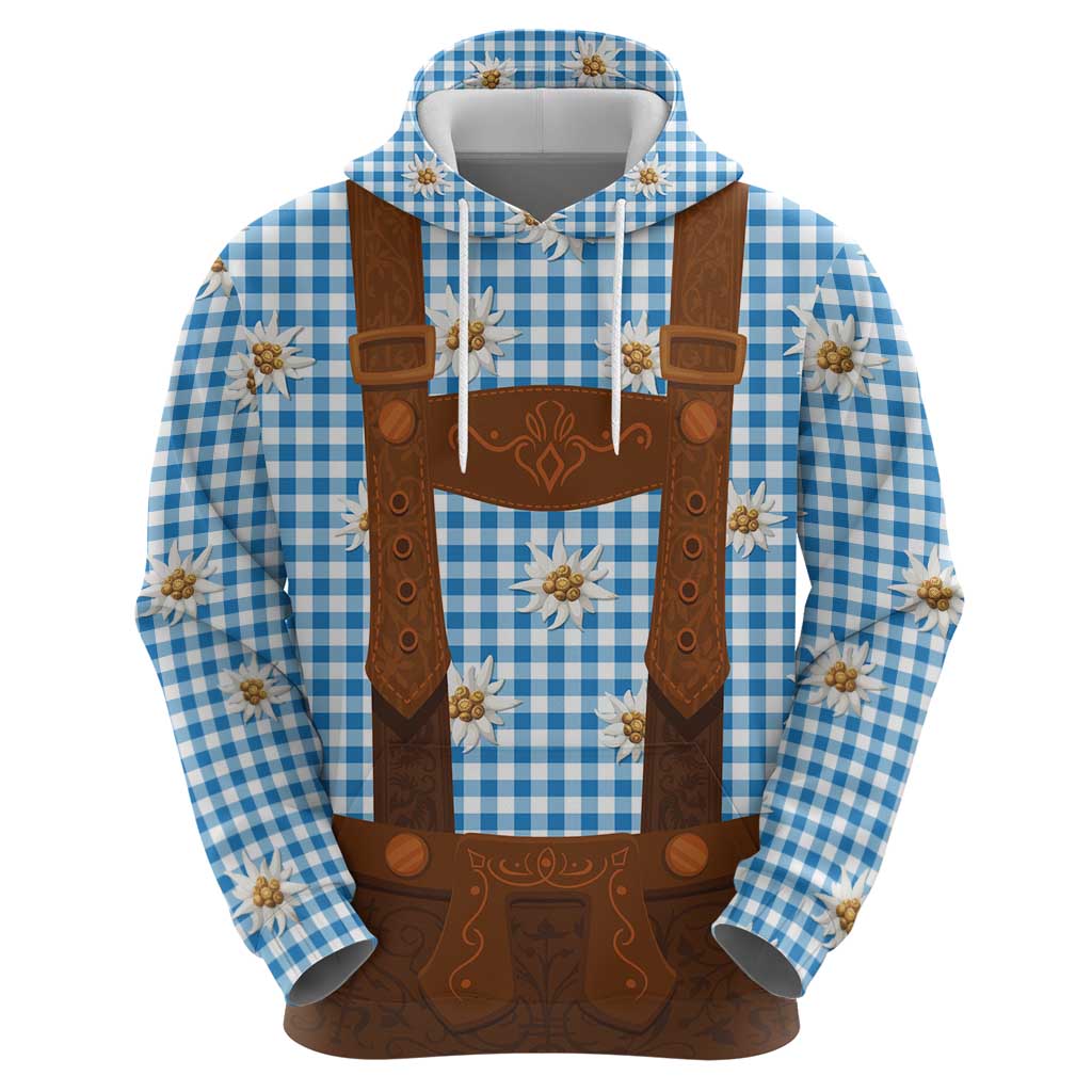 Traditional German Costume - Lederhosen Hoodie Blue Plaid Pattern with Edelweiss Flowers LT03