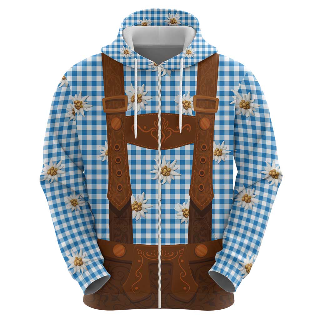 Traditional German Costume - Lederhosen Hoodie Blue Plaid Pattern with Edelweiss Flowers LT03