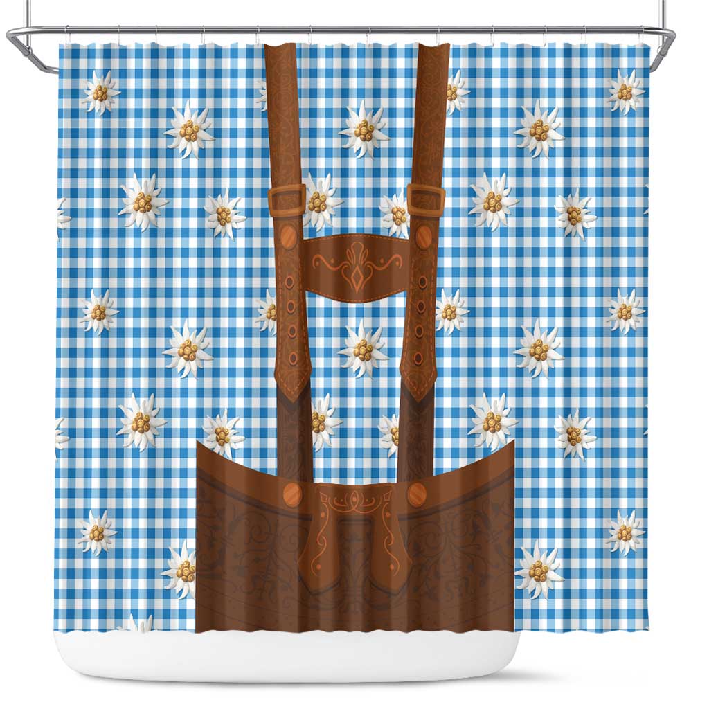 Traditional German Costume - Lederhosen Shower Curtain Blue Plaid Pattern with Edelweiss Flowers LT03