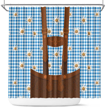 Traditional German Costume - Lederhosen Shower Curtain Blue Plaid Pattern with Edelweiss Flowers LT03