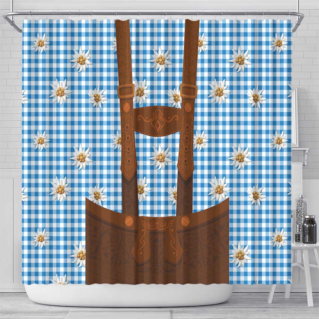 Traditional German Costume - Lederhosen Shower Curtain Blue Plaid Pattern with Edelweiss Flowers LT03
