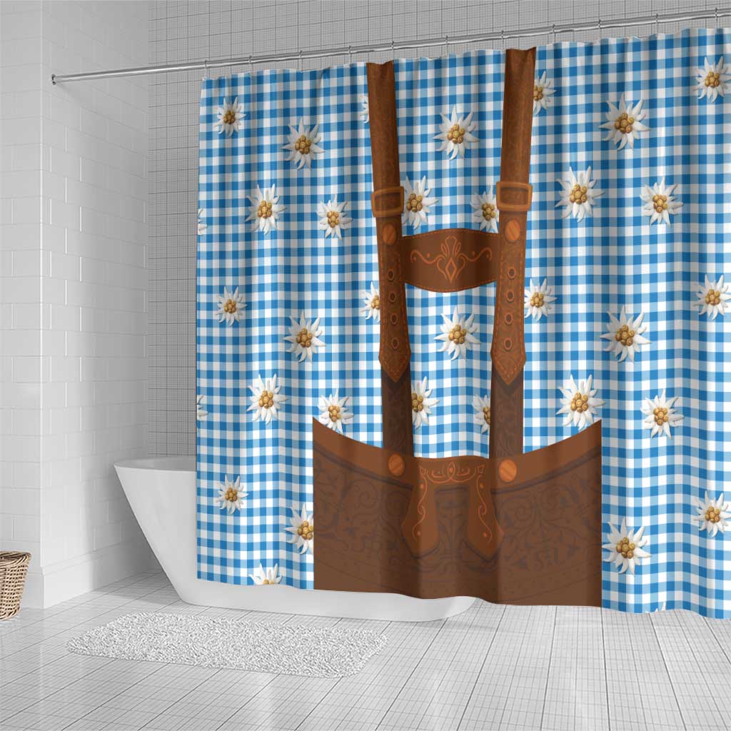 Traditional German Costume - Lederhosen Shower Curtain Blue Plaid Pattern with Edelweiss Flowers LT03