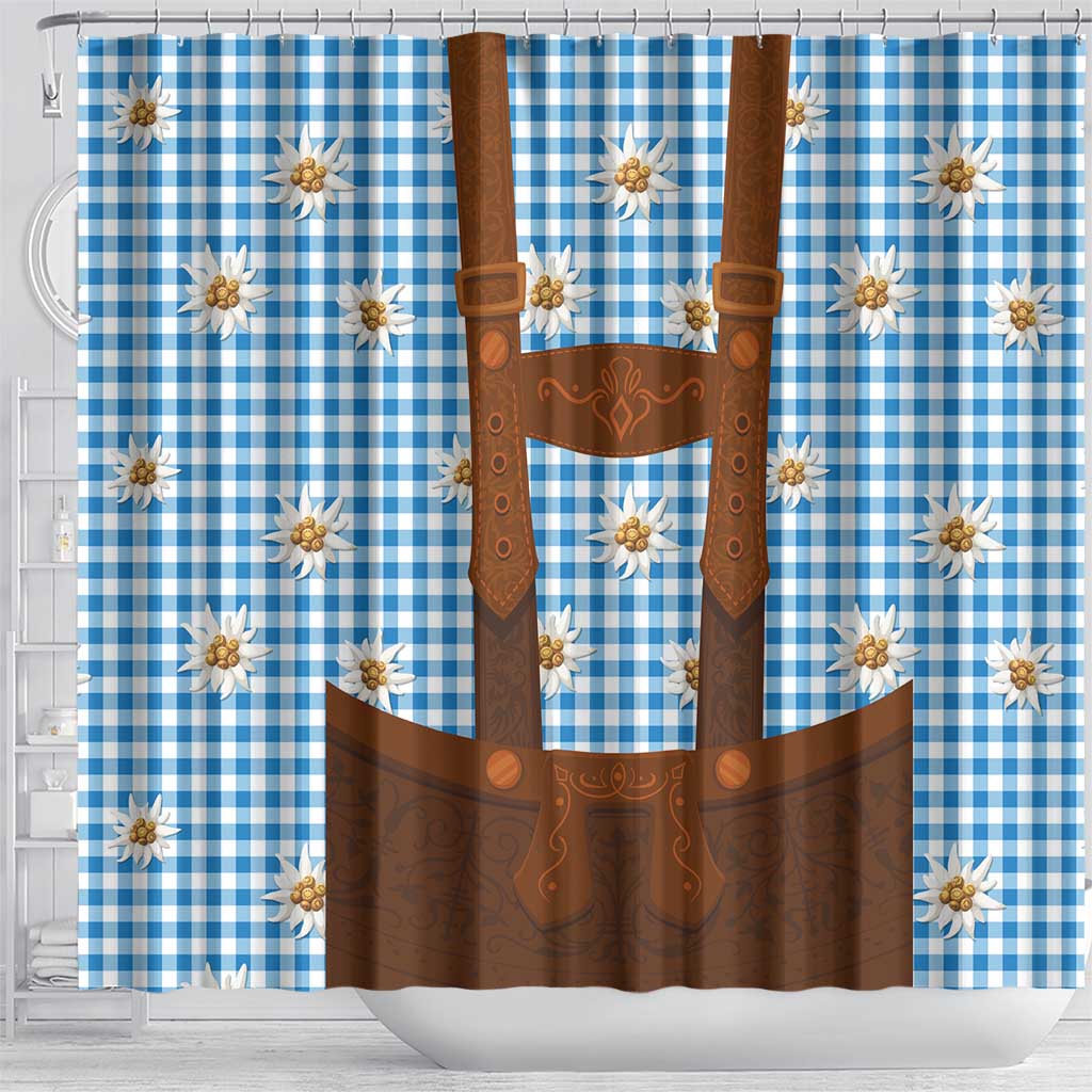 Traditional German Costume - Lederhosen Shower Curtain Blue Plaid Pattern with Edelweiss Flowers LT03